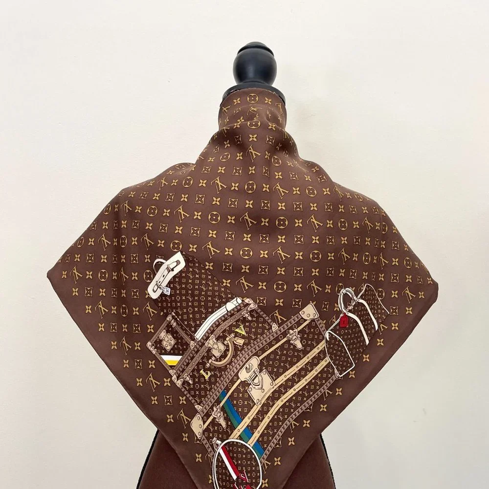 Louis Vuitton Scarf  Travel Trunks Monogram Brown Silk Wrap